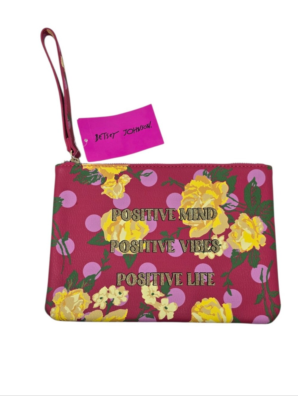 NWT Betsey Johnson Floral Wristlet Clutch Pouch Pink Gold Faux Leather